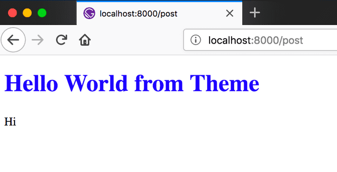 a blank site with a title "Hello World from Theme"