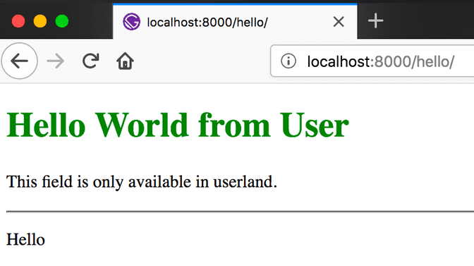 a blank site with a title "Hello World from User" with a description