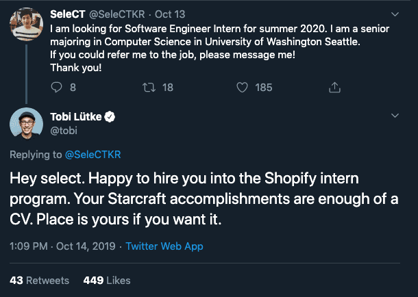 Shopify CEO offers somebody a job based on his eSport experience